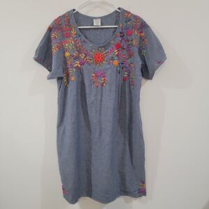Abrazo Womens Midi Dress Size Large Embroidered Floral Boho Cottagecore Blue